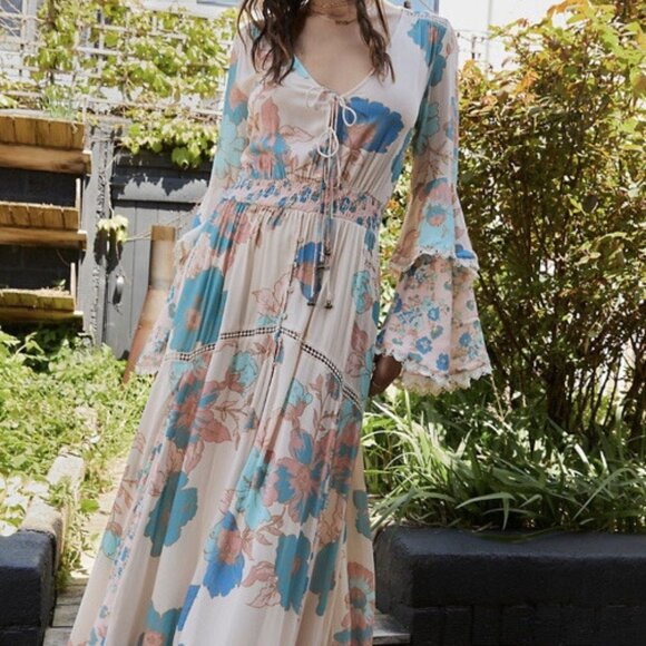 Free People Penny Printed Maxi Bell Sleeve Boho Dress Size Small - Picture 1 of 12